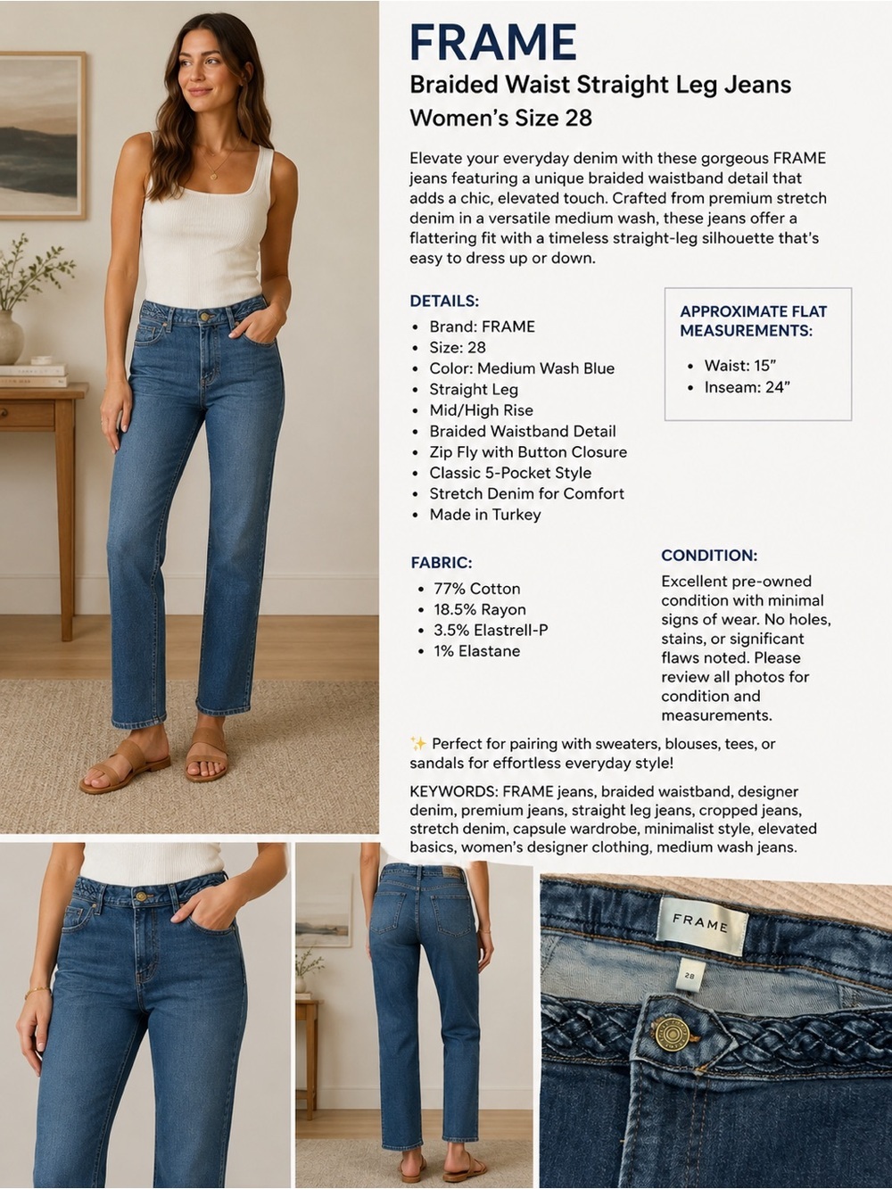 Frame Denim Medium Wash Blue Braided Waist Straight Leg Jeans